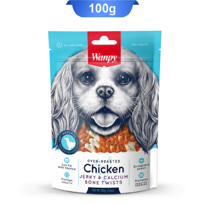 wanpy-dog-chicken-jerky-calcium-bone-twists-100g تشویقی ونپی سگ استخوان کلسیمی با دورپیچ مرغ