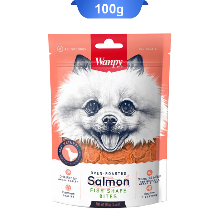 wanpy-dog-salmon-fish-shape-bites تشویقی سگ ونپی طرح ماهی طعم سالمون وزن 100 گرم Wanpy Salmon Fish Shape Bites - Image 1