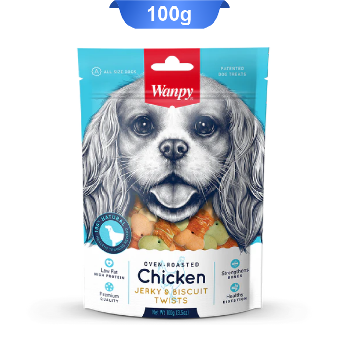 wanpy-dog-chicken-jerky-biscuit-twists-100g تشویقی سگ ونپی بیسکویتی دورپیچ مرغ وزن 100 گرم Wanpy Chicken Biscuit Twists - Image 1