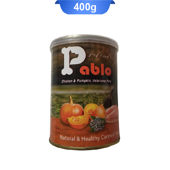 pablo-chicken-pumpkin-valerian-pate-400g کنسرو گربه بالغ پابلو طعم مرغ و کدو تنبل و سنبل الطیب وزن 400 گرم - Image 1