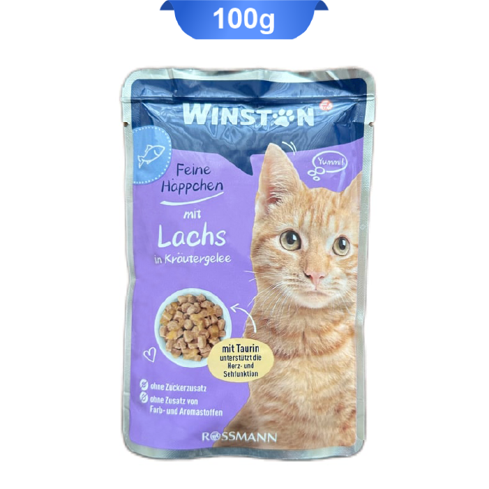 pouch-mit-lachs-in-krautergelee-winston پوچ گربه وینستون طعم ماهی سالمون در ژله گیاهی وزن 100 گرم Winston Lachs - Image 1