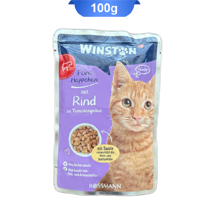 pouch-mit-rind-in-tomatengelee-winston پوچ گربه وینستون طعم گوشت گاو در ژله گوجه فرنگی وزن 100 گرم Winston Rind - Image 1