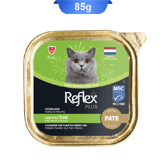 reflex-plus-with-msc-cod-pate-sterilised-85g ووم گربه بالغ عقیم رفلکس پته طعم ماهی کاد وزن 85 گرم Reflex Plus Msc Cod Sterilised - Image 1