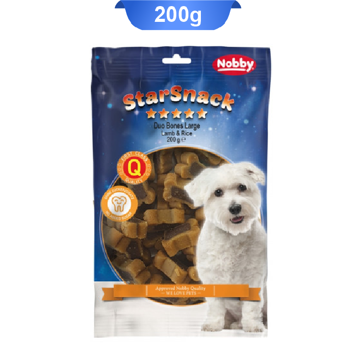 nobby-duo-bones-large-lamb-rice-200gr تشویقی سگ نوبی مدل استخوانی طعم بره و برنج وزن 200 گرم کد 104197 Nobby Duo Bones Large - Image 1
