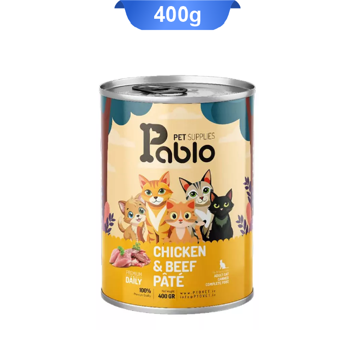 pablo-01 کنسرو گربه بالغ پابلو پته طعم مرغ و گوشت گاو وزن 400 گرم Pablo - Image 1