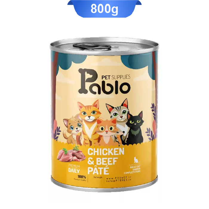 pablo-800g-01 کنسرو گربه بالغ پابلو پته طعم مرغ و گوشت گاو وزن 800 گرم Pablo - Image 1