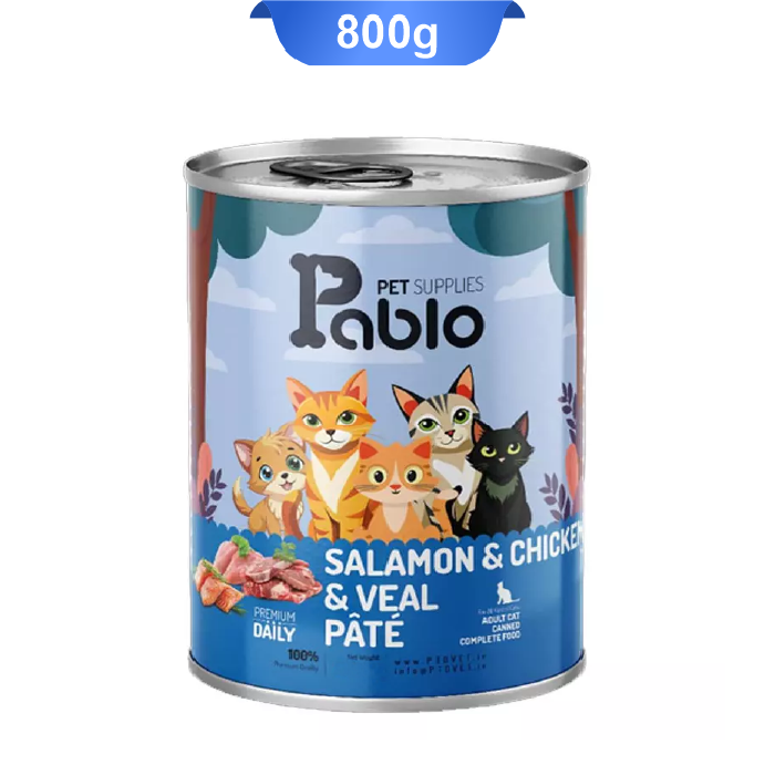 pablo-800g-02 کنسرو گربه بالغ پابلو پته طعم مرغ و سالمون و گوساله وزن 800 گرم Pablo - Image 1