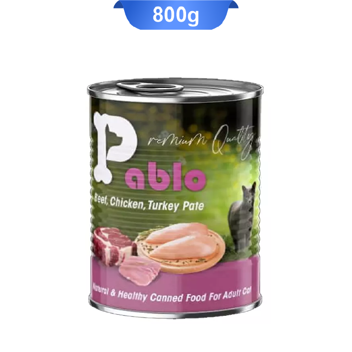 pablo-chicken-beef-turkey-pate-800g کنسرو گربه بالغ پابلو طعم مرغ و گوشت و بوقلمون وزن 800 گرم Pablo - Image 1