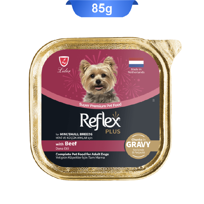 reflex-plus-with-beef-85g ووم سگ بالغ نژاد کوچک رفلکس پلاس چانک طعم گوشت گاو وزن 85 گرم Reflex Plus With Beef - Image 1