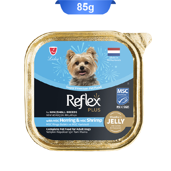 reflex-plus-with-msc-herring-msc-shrimp-chunks-in-jelly-85g ووم سگ بالغ نژاد کوچک رفلکس پلاس طعم شاه ماهی و میگو وزن 85 گرم Reflex Plus With Shrimp & Herring - Image 1