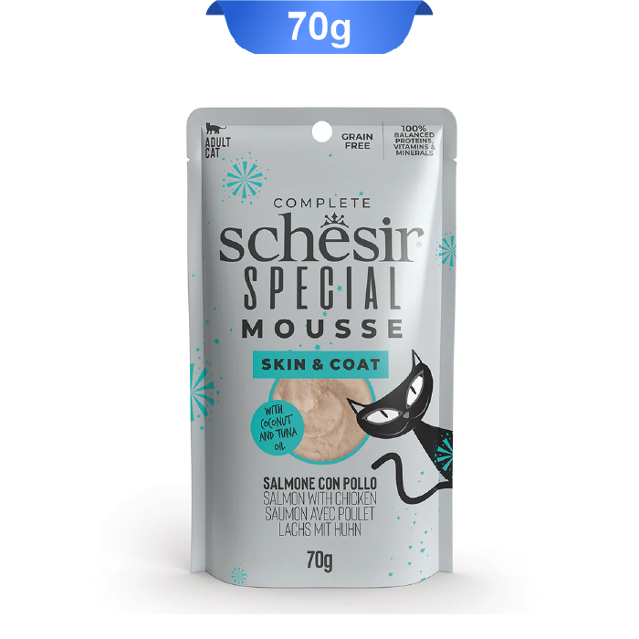 schesir-mousse-scin-and-coat-70g پوچ گربه شسیر تقویت پوست و مو طعم سالمون و مرغ وزن 70 گرم (Schesir) - Image 1