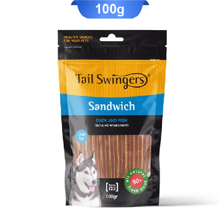 tain-swingers-sandwich-duck-fish-100gr تشویقی سگ تیل سوینگرز ساندویج اردک و ماهی وزن 100 گرم Tail Swingers sandwich - Image 1