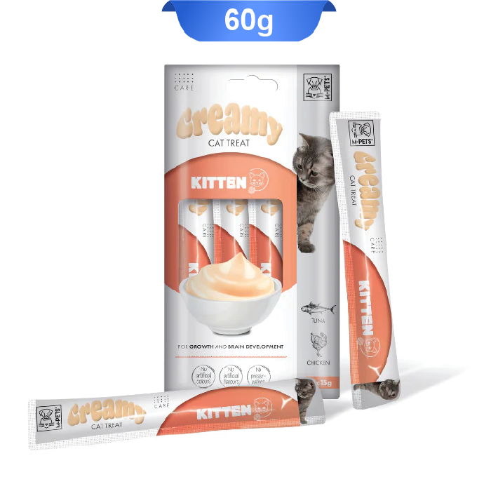 creamy-cat-treat-kitten بستنی گربه ام پت مدل کیتن طعم ماهی تن و مرغ بسته 4 عددی M-Pets Creamy Treat Kitten - Image 1