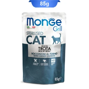 پوچ گربه بالغ عقیم مونژه طعم ماهی قزل آلا مدل چانکی وزن 85 گرم Monge