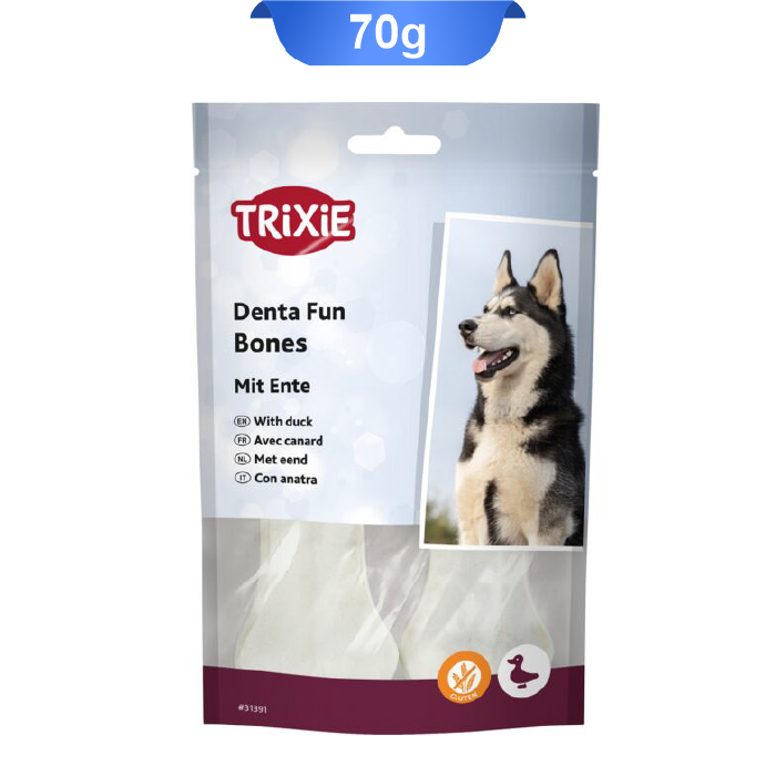 trixie-2-70g-01 تشویقی سگ دندانی استخوان با دورپیچ اردک تریکسی وزن 70 گرم Trixie Denta Fun Bones - Image 1
