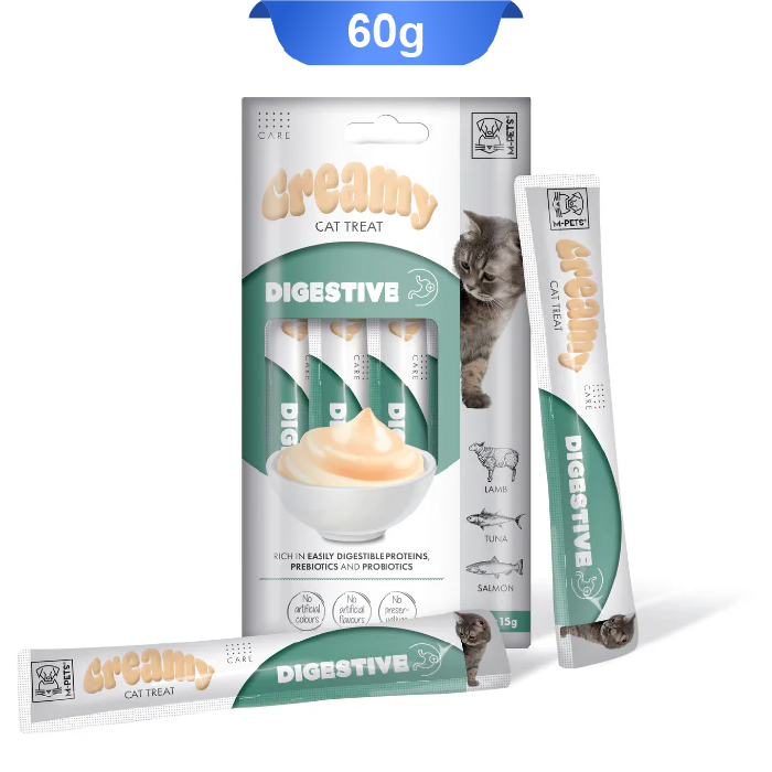 creamy-cat-treat-digestive بستنی گربه ام پت مدل دایجستیو طعم بره و ماهی تن و سالمون بسته 4 عددی M-Pets Creamy Treat Digestive - Image 1