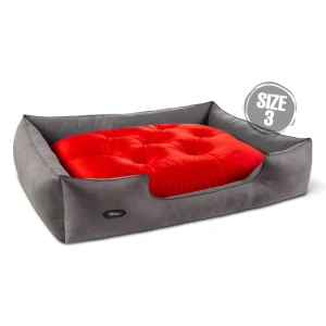 جای خواب سگ و گربه جنس پارچه مبلی درجه یک خاکستری با تشک قرمز