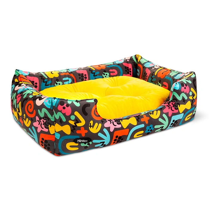 2383- جای خواب سگ و گربه جنس پارچه مبلی درجه یک تشک رنگ زرد مدل منحنی