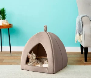 خانه سگ و گربه از جنس مخمل نرم و ضخیم رنگ قهوه ای با تشک کرم