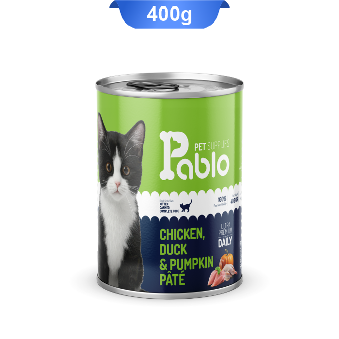 pablo-chicken-duck-pumpkin-pate-400gr کنسرو بچه گربه پابلو پته طعم مرغ و اردک و کدو حلوایی مدل الترا وزن 400 گرم Pablo Kitten - Image 1