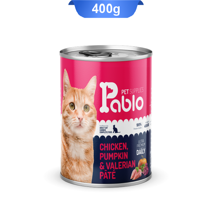 pablo-chicken-pupkin-valerian-pate-400gr کنسرو گربه بالغ پابلو پته طعم مرغ و کدو حلوایی و سنبل الطیب مدل الترا وزن 400 گرم Pablo - Image 1