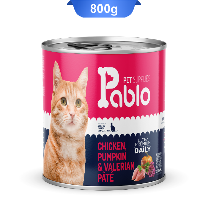 pablo-chicken-pupkin-valerian-pate-800gr کنسرو گربه بالغ پابلو پته طعم مرغ و کدو حلوایی و سنبل الطیب مدل الترا وزن 800 گرم Pablo - Image 1